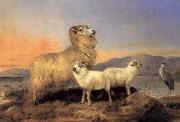 Richard ansdell,R.A. A Ewe with Lambs and A Heron Beside A Loch oil painting